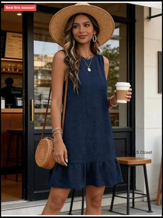 100% Polyester Tie Back Crew Neck Sleeveless Mini Dress Ruffle Hem - Picture 3 of 7